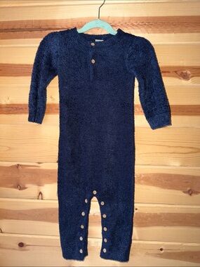 Cozy Navy Plush Kids Footie One-Piece with Button Details
